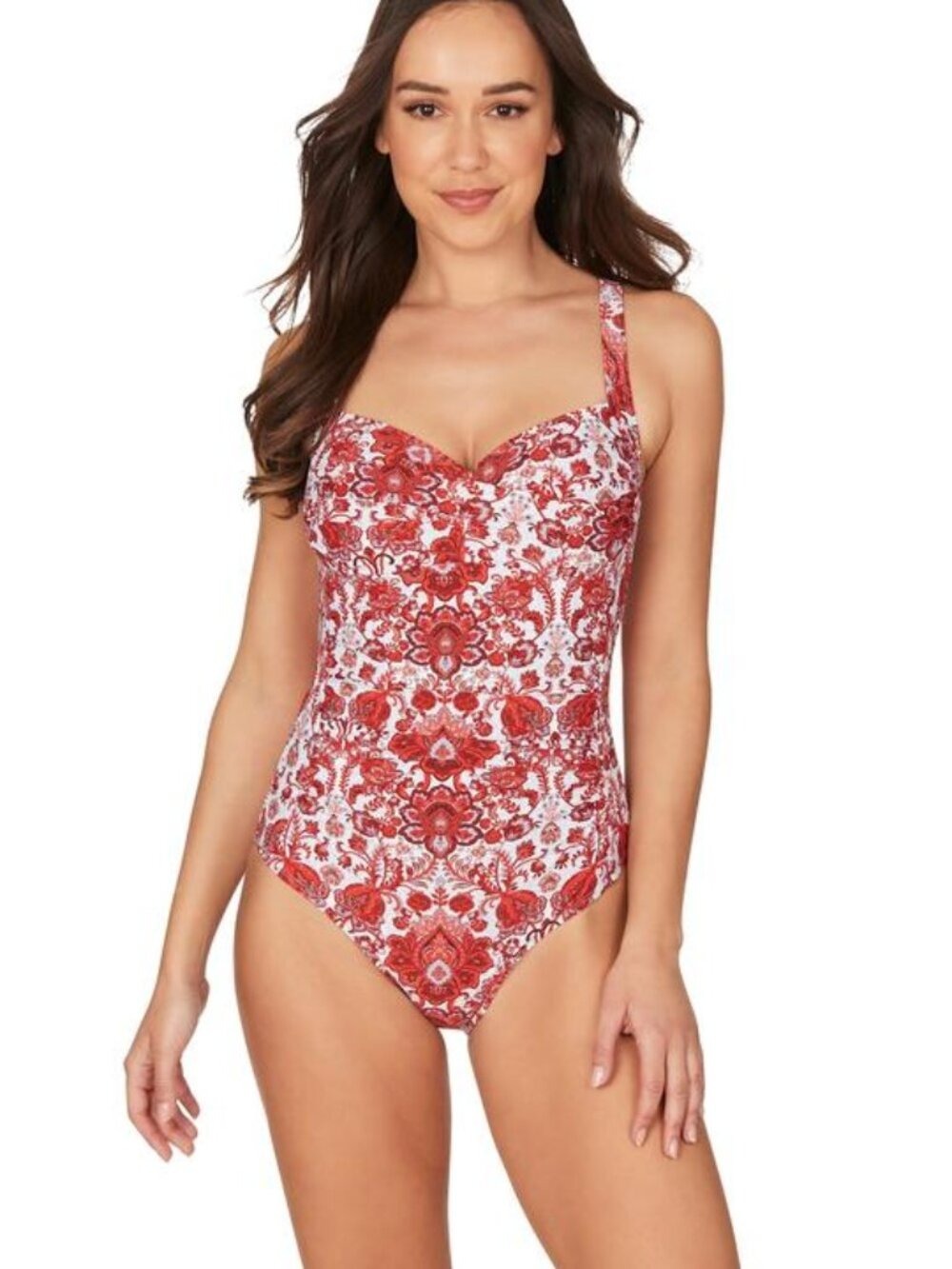 Nip Tuck Swim Sakina One Piece Swimsuit Red Floral Tummy Control Size 10 Beach